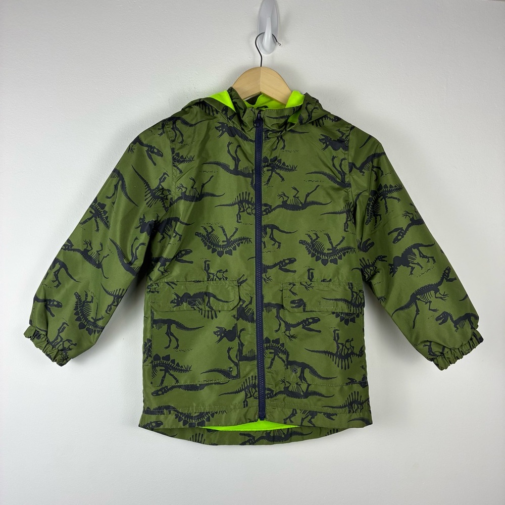 Carters Green blue Dinosaur Print Kids Jacket hooded size 7 windbreaker lined